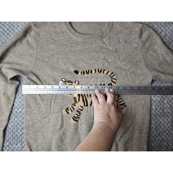 NWT 100% Cashmere Tiger Intarsia Crew Neck Sweater Beige S/M Luxury Knit - Picture 4 of 8